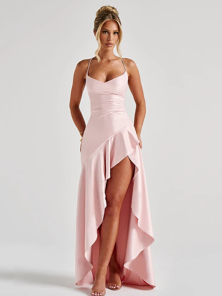 Elegant Satin Maxi Dress – Backless Split Spaghetti Strap Evening Dress
