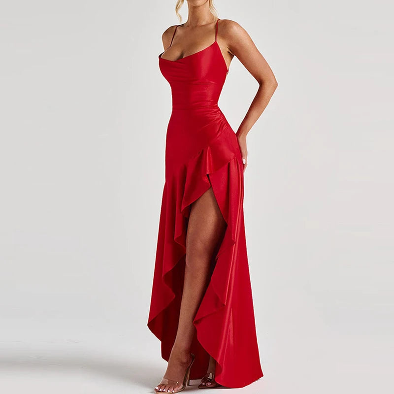 Luxury Satin Prom Gown – Irregular High-Slit Halter Evening Dress