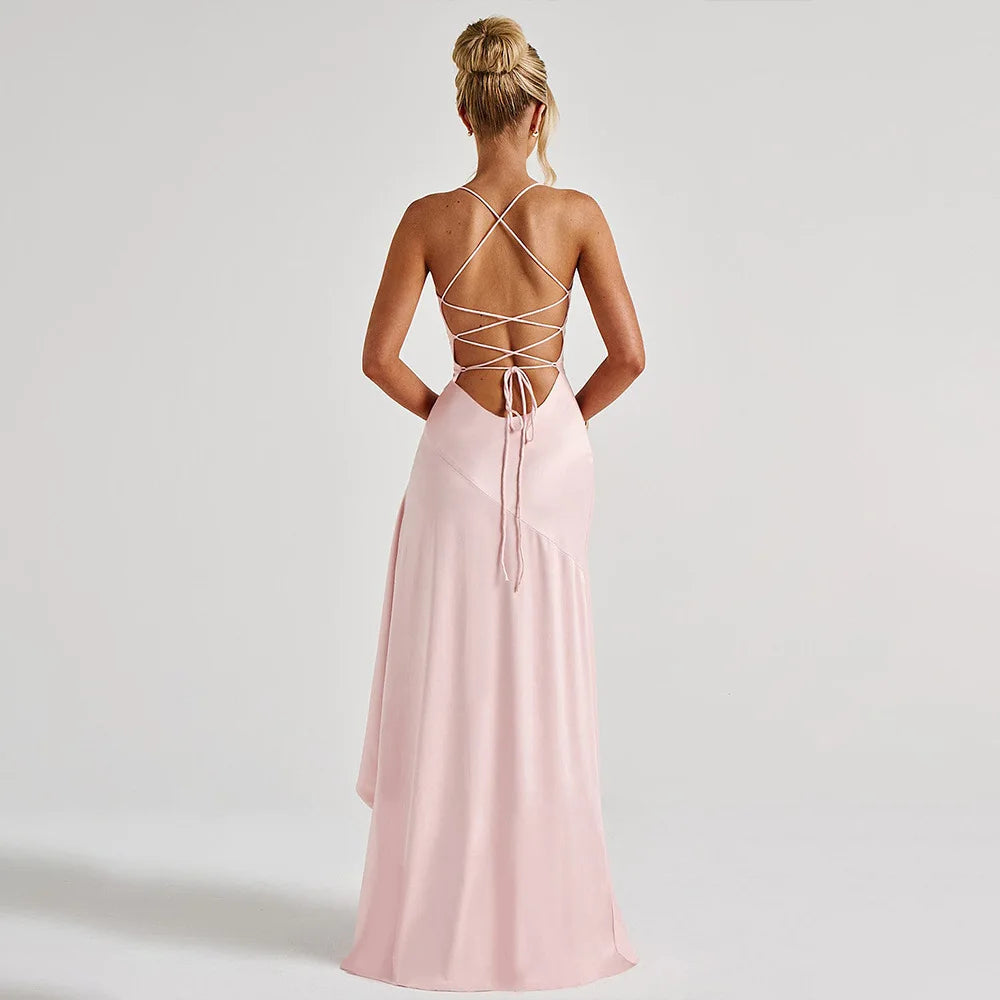 Summer 2025 Satin High-Slit Ruffle Dress – Elegant Club & Vacation Look