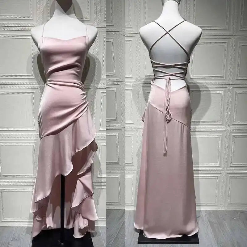 Sexy Satin Ruffle Maxi Dress – Backless Bandage Evening Party Gown 2025