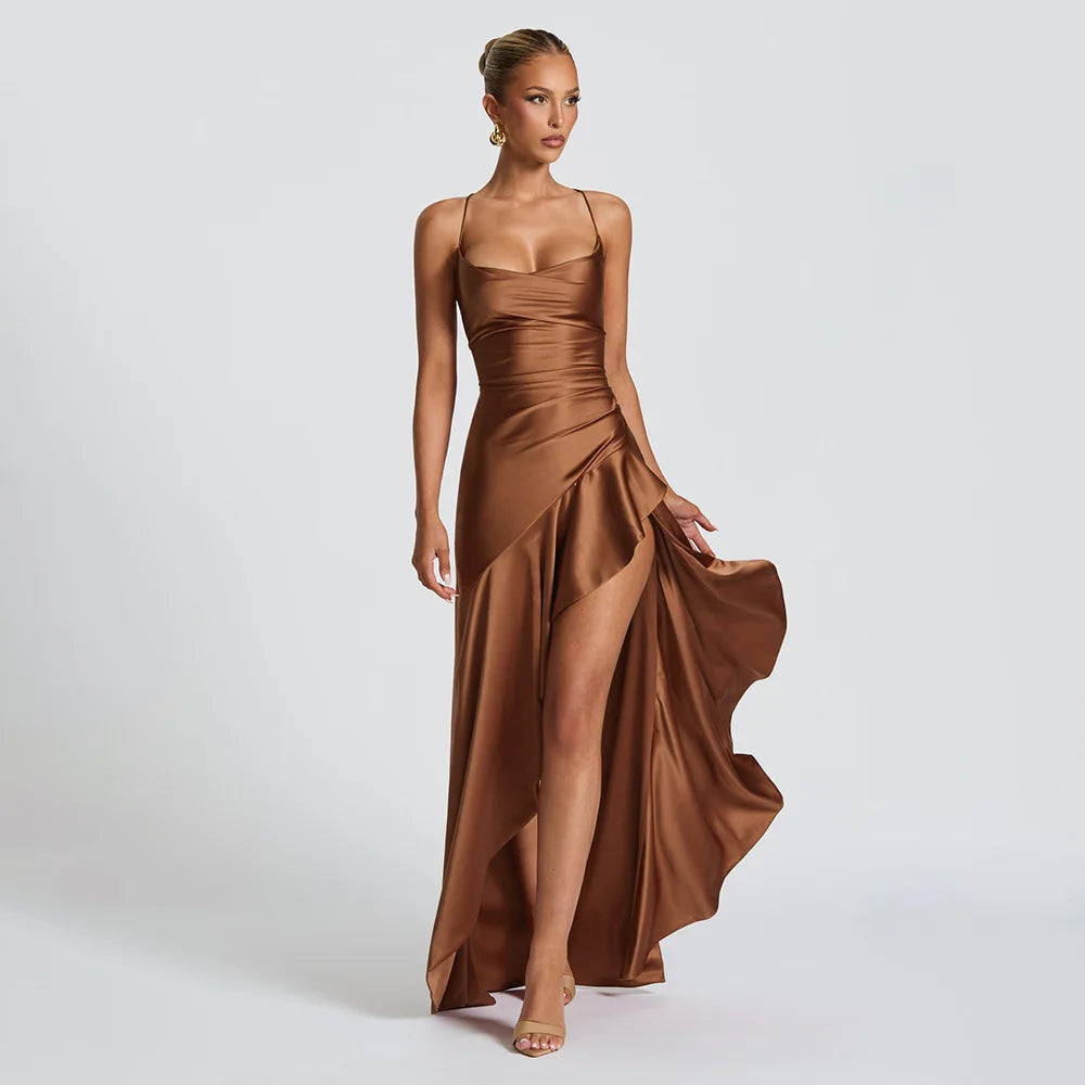 Summer 2025 Satin High-Slit Ruffle Dress – Elegant Club & Vacation Look