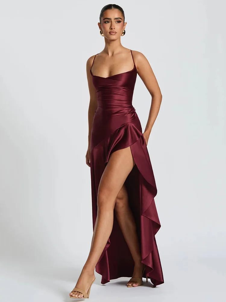 Elegant Satin Maxi Dress – Backless Split Spaghetti Strap Evening Dress