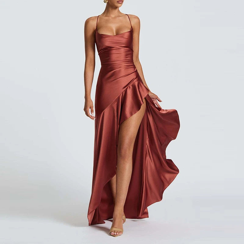 Luxury Satin Prom Gown – Irregular High-Slit Halter Evening Dress