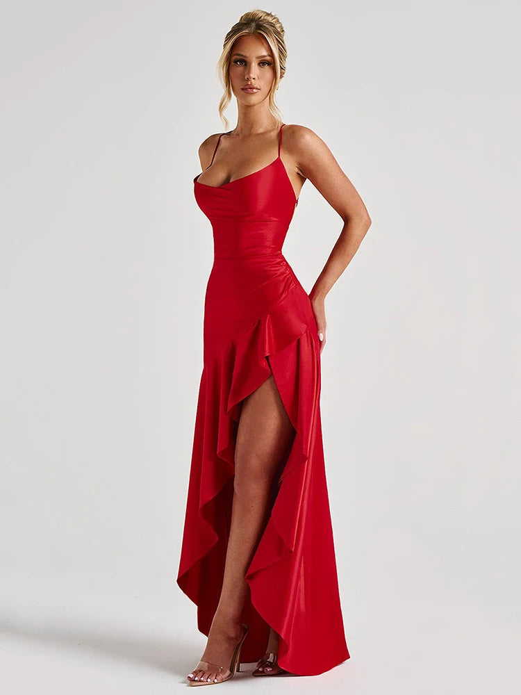 Elegant Satin Maxi Dress – Backless Split Spaghetti Strap Evening Dress