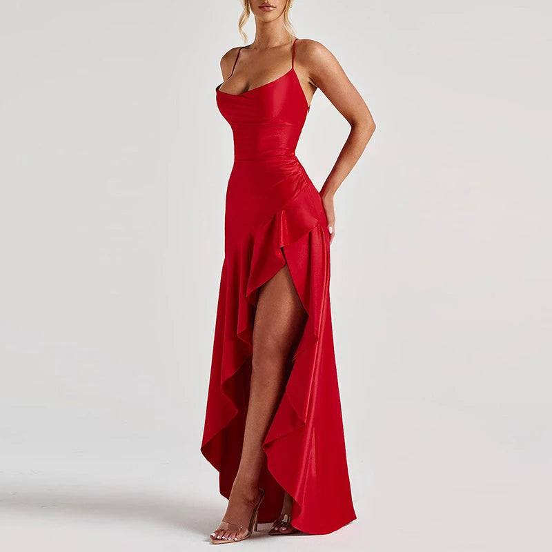 Sexy Ruffle Maxi Banquet Dress – Backless Lace-Up Irregular Evening Gown