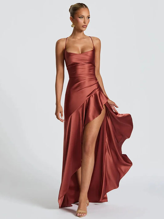Elegant Satin Maxi Dress – Backless Split Spaghetti Strap Evening Dress