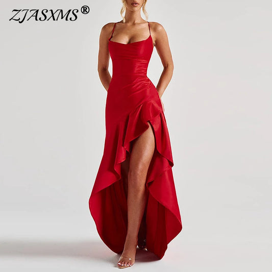 Sexy Ruffle Maxi Banquet Dress – Backless Lace-Up Irregular Evening Gown