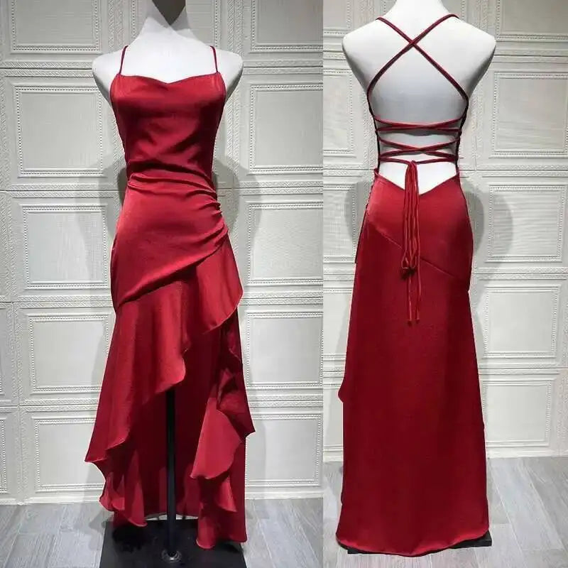 Sexy Satin Ruffle Maxi Dress – Backless Bandage Evening Party Gown 2025