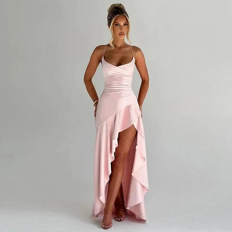 Sexy Satin Ruffle Maxi Dress – Backless Bandage Evening Party Gown 2025