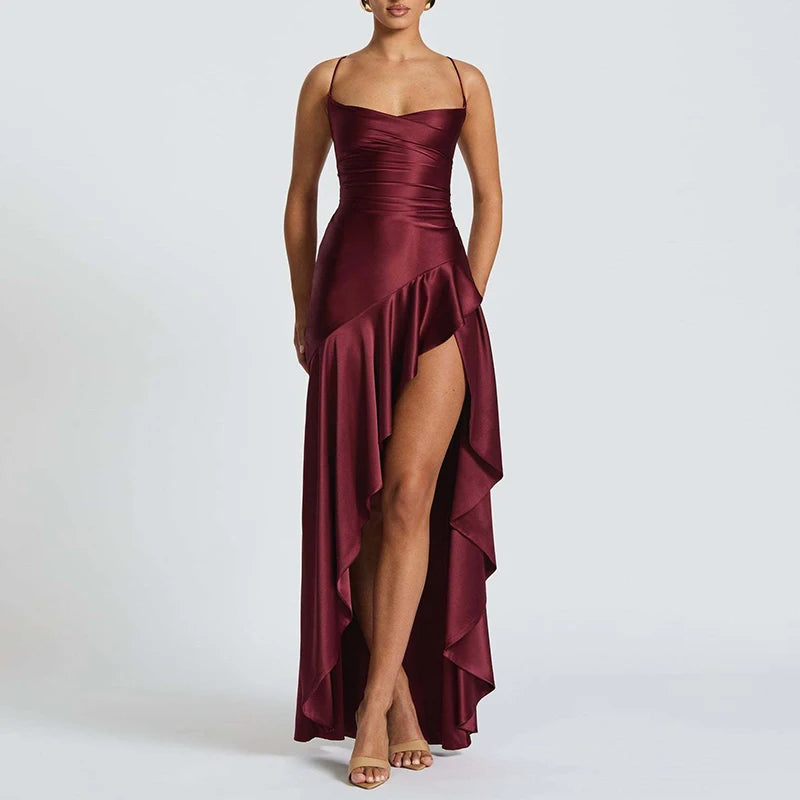 Sexy Ruffle Maxi Banquet Dress – Backless Lace-Up Irregular Evening Gown