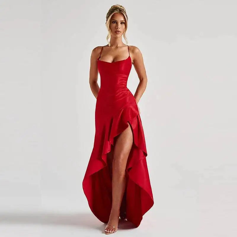 Sexy Satin Ruffle Maxi Dress – Backless Bandage Evening Party Gown 2025
