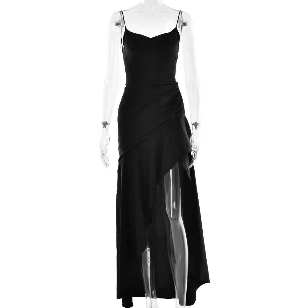 Summer 2025 Satin High-Slit Ruffle Dress – Elegant Club & Vacation Look