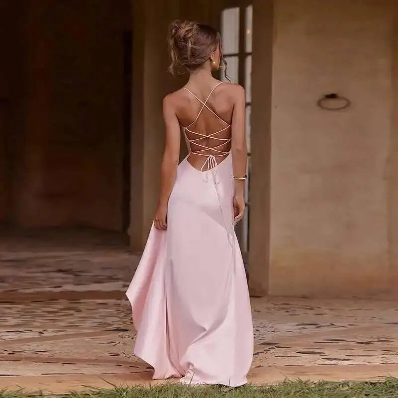Sexy Satin Ruffle Maxi Dress – Backless Bandage Evening Party Gown 2025