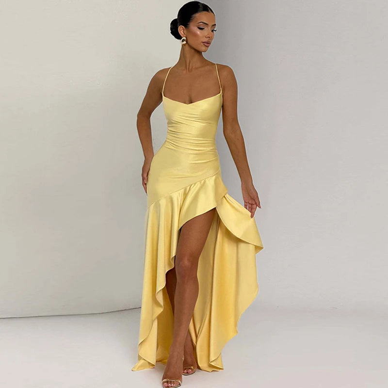 Sexy Satin Ruffle Maxi Dress – Backless Bandage Evening Party Gown 2025